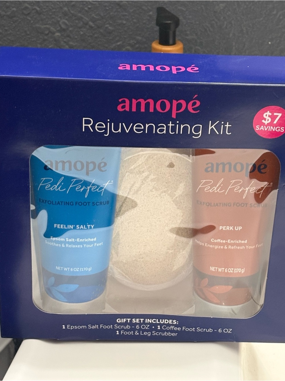 AMO Rejuvenating Pedi Set - Blue & Peach Foot Scrubs with Scrubber